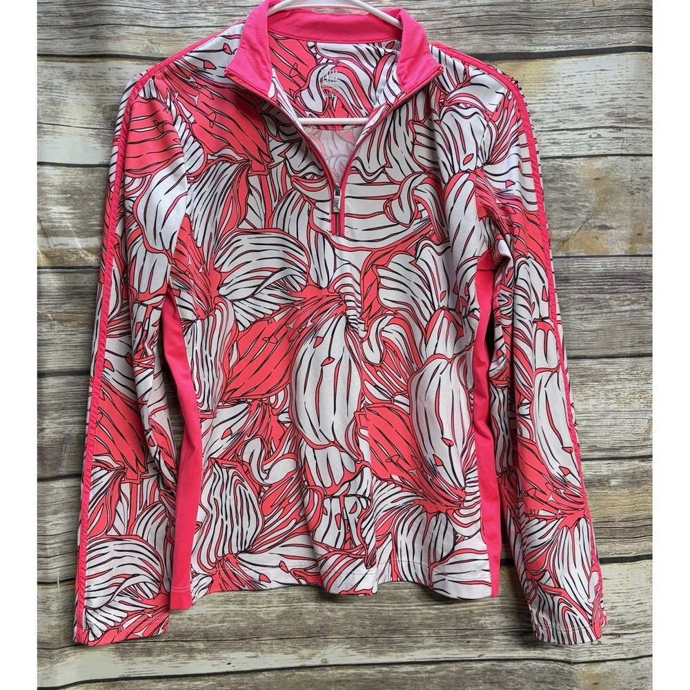 Tail Activewear Women's Small Quarter Zip Golf Pullover Pink Tropical EUC‎